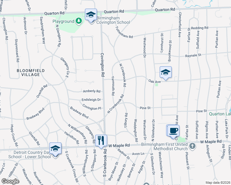 map of restaurants, bars, coffee shops, grocery stores, and more near 852 Yarmouth Road in Bloomfield Hills