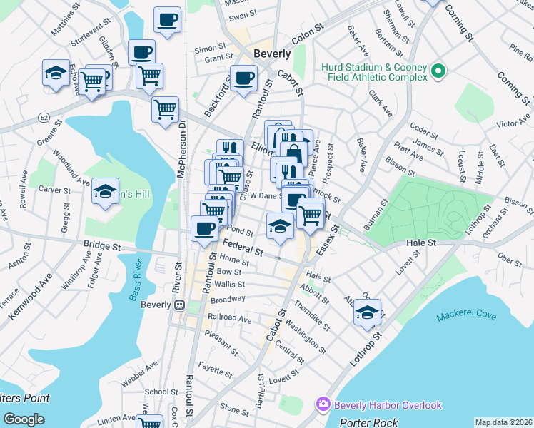 map of restaurants, bars, coffee shops, grocery stores, and more near 24 West Dane Street in Beverly