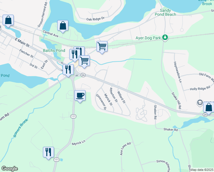 map of restaurants, bars, coffee shops, grocery stores, and more near 35 Littleton Road in Ayer
