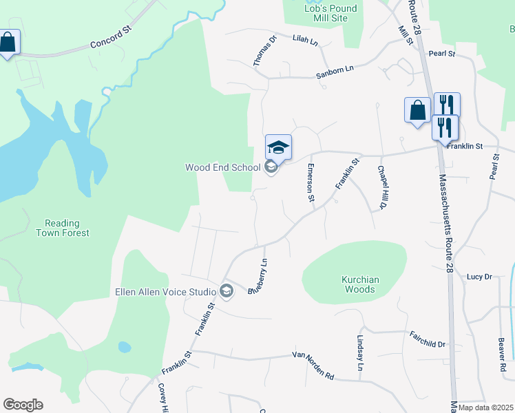 map of restaurants, bars, coffee shops, grocery stores, and more near 85 Sunset Rock Lane in Reading