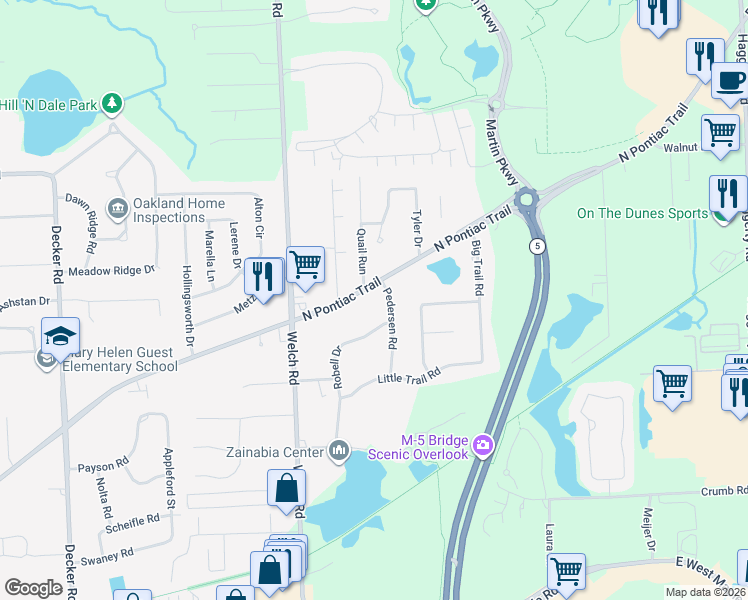 map of restaurants, bars, coffee shops, grocery stores, and more near 2402 North Pontiac Trail in Walled Lake