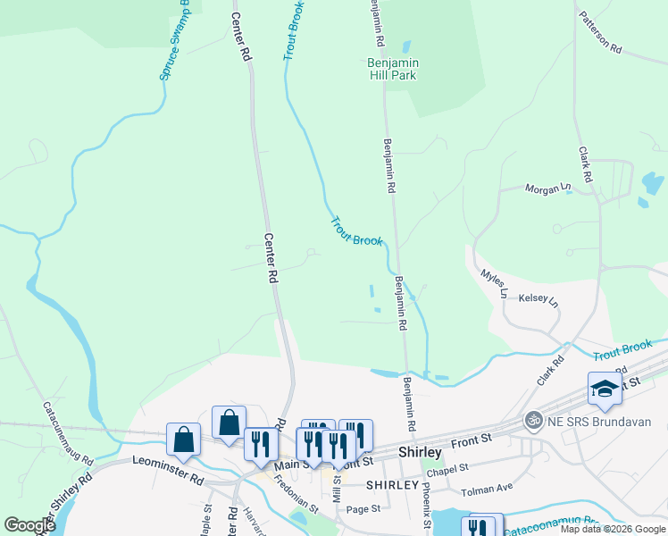 map of restaurants, bars, coffee shops, grocery stores, and more near 73 Center Road in Shirley