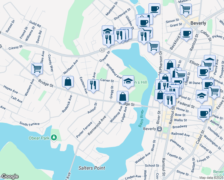map of restaurants, bars, coffee shops, grocery stores, and more near 18 Gregg Street in Beverly