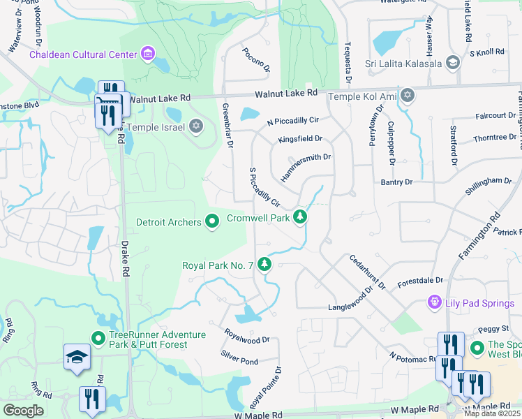 map of restaurants, bars, coffee shops, grocery stores, and more near 5800 Cromwell Road in West Bloomfield Township