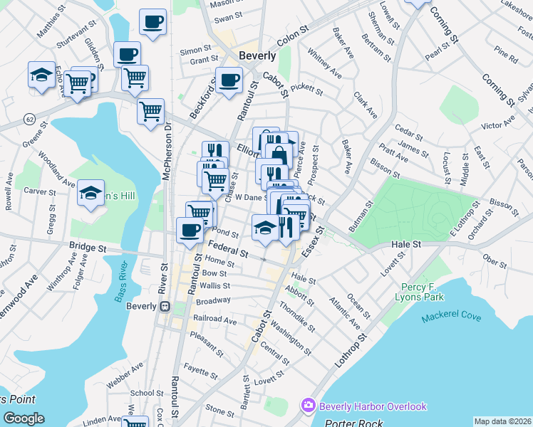 map of restaurants, bars, coffee shops, grocery stores, and more near 292 Cabot Street in Beverly