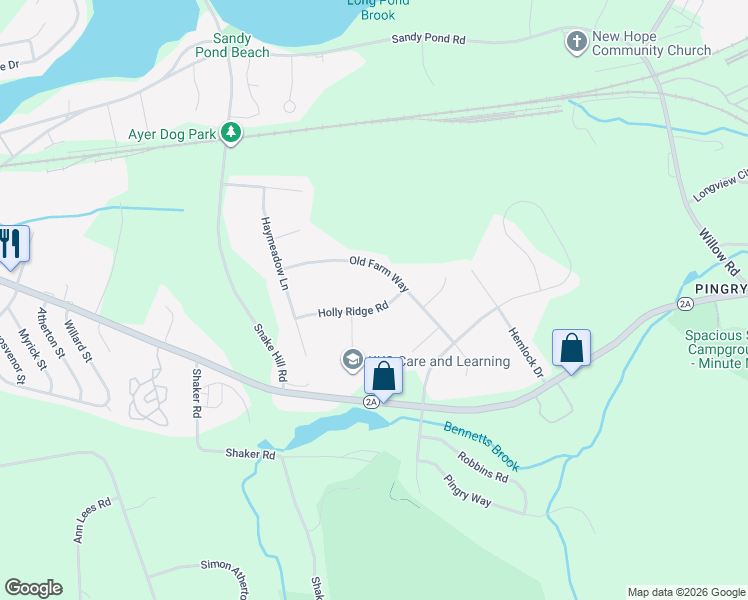map of restaurants, bars, coffee shops, grocery stores, and more near 145 Old Farm Way in Ayer