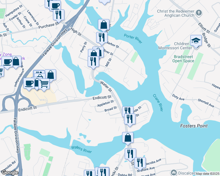 map of restaurants, bars, coffee shops, grocery stores, and more near 72 Water Street in Danvers