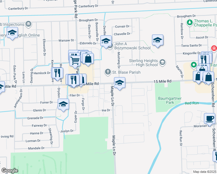 map of restaurants, bars, coffee shops, grocery stores, and more near 11974 15 Mile Road in Sterling Heights