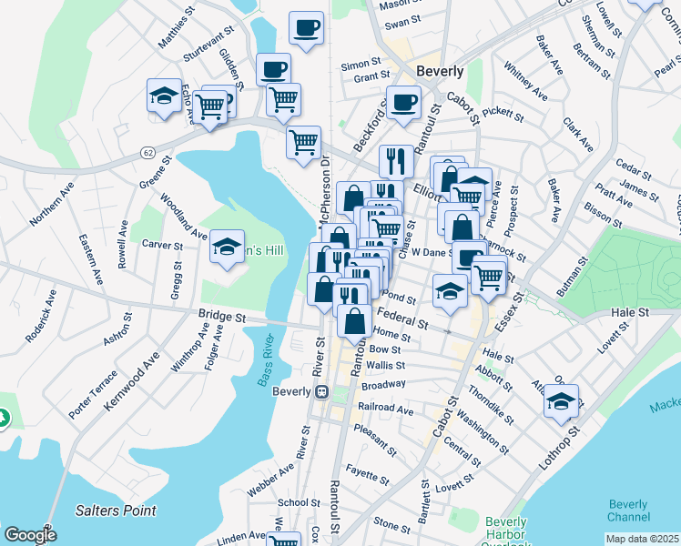 map of restaurants, bars, coffee shops, grocery stores, and more near 122 Park Street in Beverly