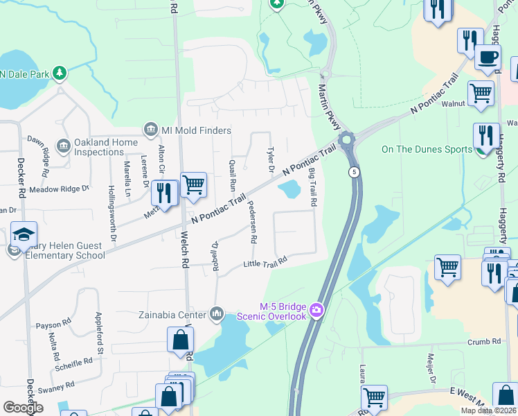 map of restaurants, bars, coffee shops, grocery stores, and more near 2430 North Pontiac Trail in Commerce Charter Township