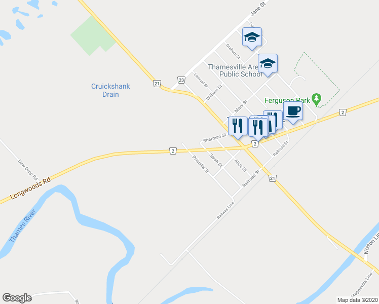 map of restaurants, bars, coffee shops, grocery stores, and more near 42 Priscilla Street in Thamesville