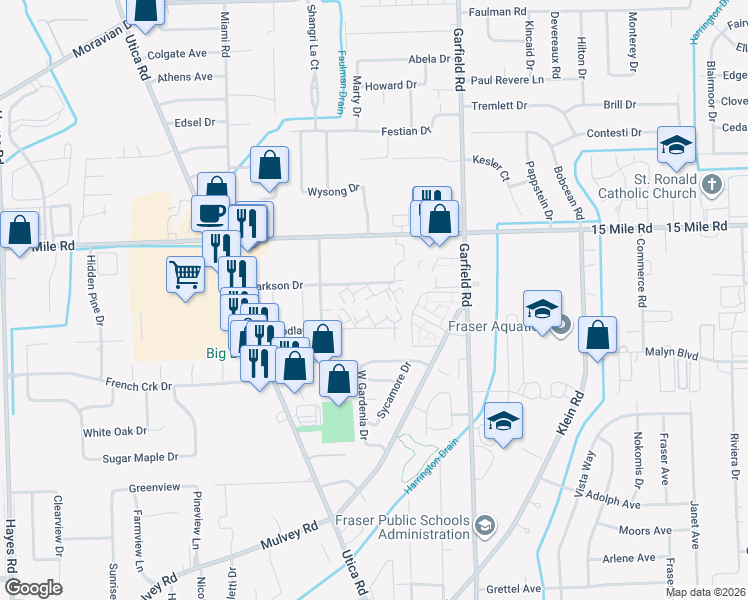 map of restaurants, bars, coffee shops, grocery stores, and more near 16454 Clarkson Drive in Fraser
