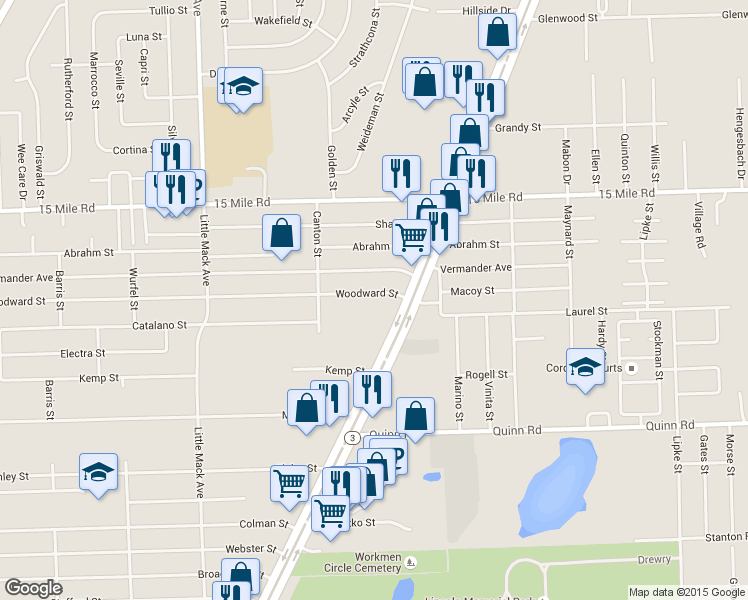 map of restaurants, bars, coffee shops, grocery stores, and more near 21218 Woodward Street in Charter Township of Clinton