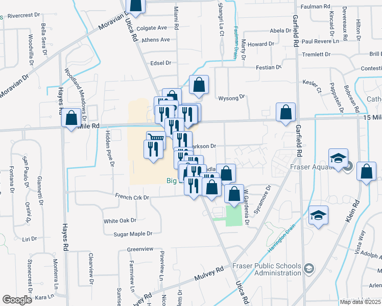 map of restaurants, bars, coffee shops, grocery stores, and more near 16149 Clarkson Drive West in Fraser