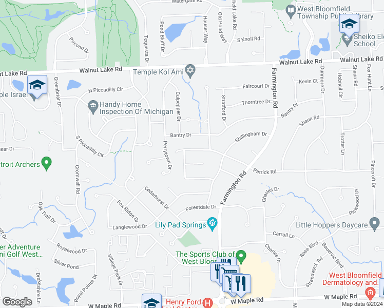 map of restaurants, bars, coffee shops, grocery stores, and more near 5167 Patrick Road in West Bloomfield Township