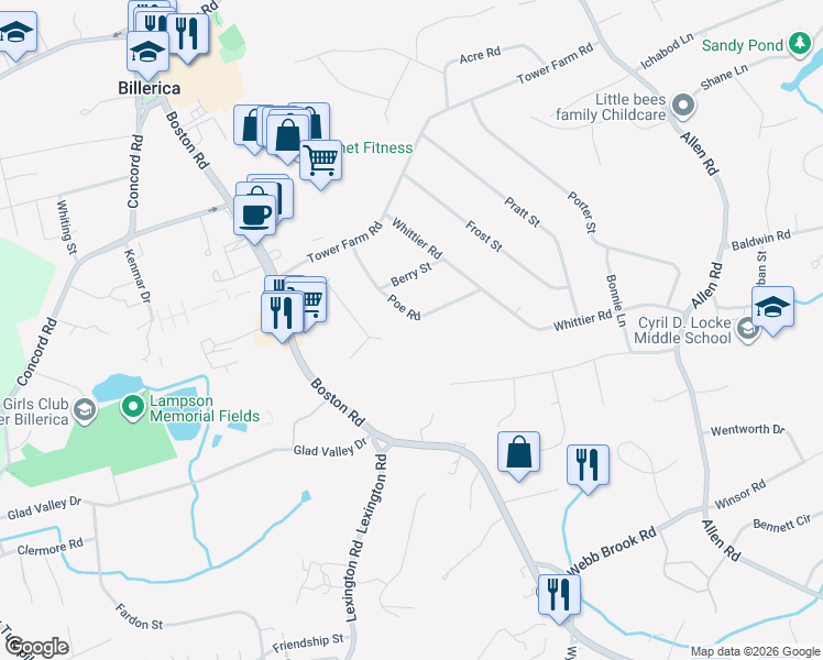 map of restaurants, bars, coffee shops, grocery stores, and more near 13 Poe Road in Billerica