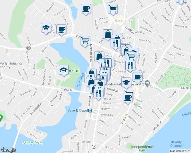 map of restaurants, bars, coffee shops, grocery stores, and more near 54 West Dane Street in Beverly