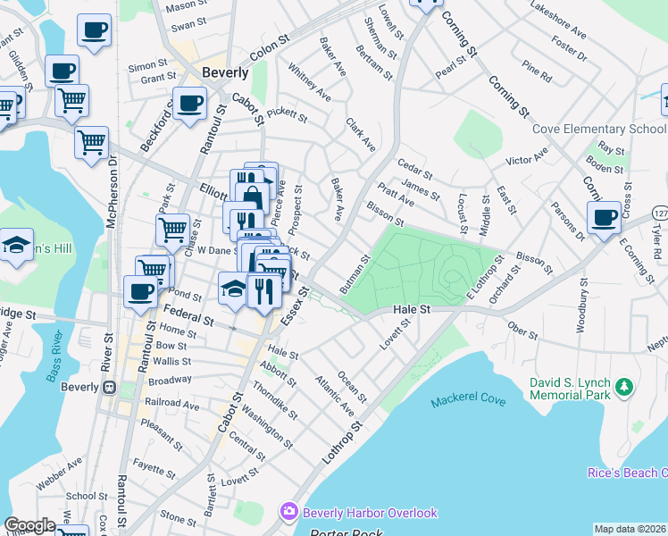 map of restaurants, bars, coffee shops, grocery stores, and more near 51 Essex Street in Beverly
