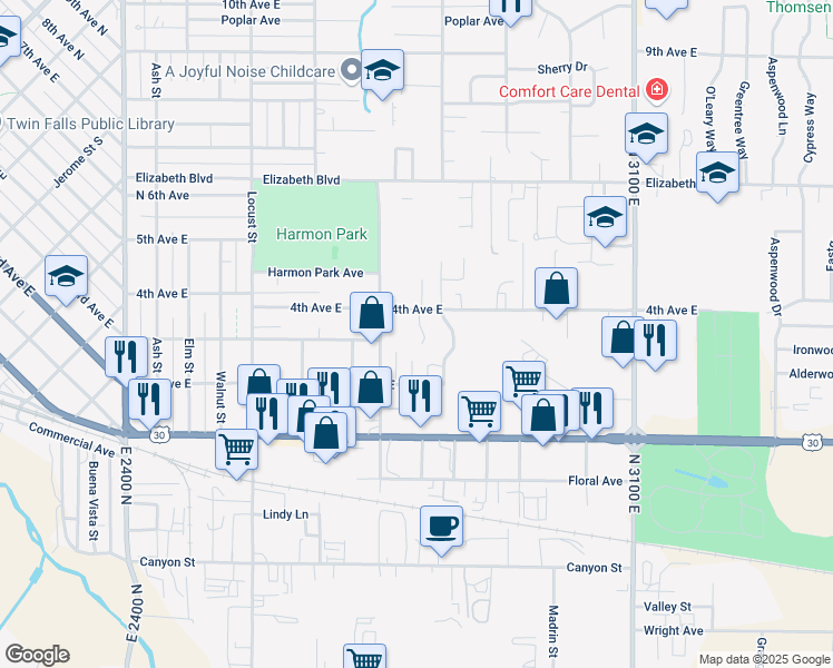 map of restaurants, bars, coffee shops, grocery stores, and more near 378 Lenore Street in Twin Falls