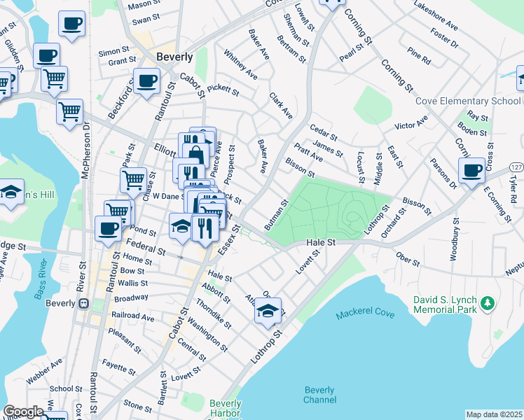 map of restaurants, bars, coffee shops, grocery stores, and more near 52 Essex Street in Beverly