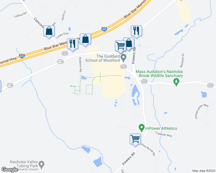 map of restaurants, bars, coffee shops, grocery stores, and more near in Westford