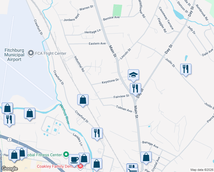 map of restaurants, bars, coffee shops, grocery stores, and more near 27 Keystone Drive in Leominster