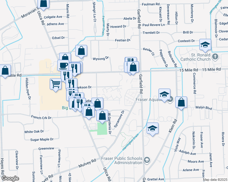 map of restaurants, bars, coffee shops, grocery stores, and more near 16454 Clarkson Drive in Fraser