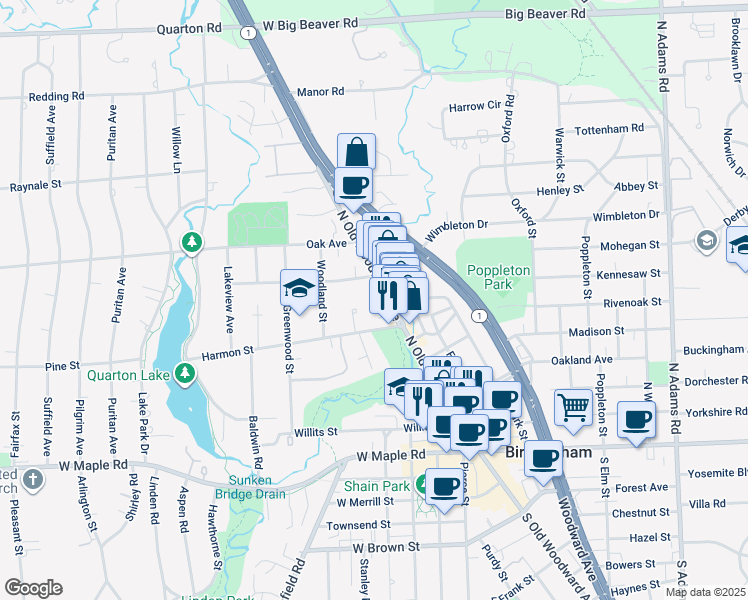 map of restaurants, bars, coffee shops, grocery stores, and more near 660 North Old Woodward Avenue in Birmingham