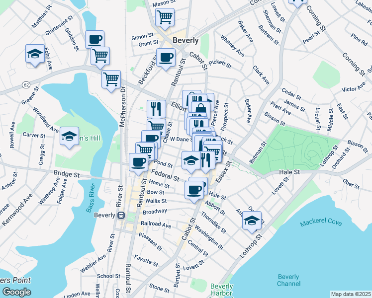 map of restaurants, bars, coffee shops, grocery stores, and more near 12 Judson Street in Beverly