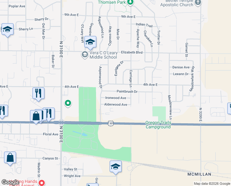 map of restaurants, bars, coffee shops, grocery stores, and more near 2491 Paintbrush Drive in Twin Falls
