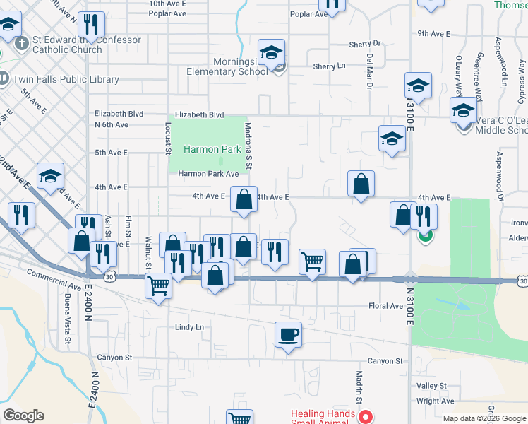 map of restaurants, bars, coffee shops, grocery stores, and more near 374 Madrona Street in Twin Falls