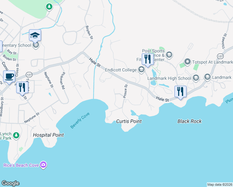 map of restaurants, bars, coffee shops, grocery stores, and more near 7 Prince Street in Beverly