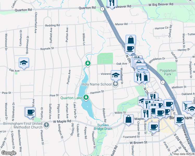 map of restaurants, bars, coffee shops, grocery stores, and more near Lakeview Avenue in Birmingham