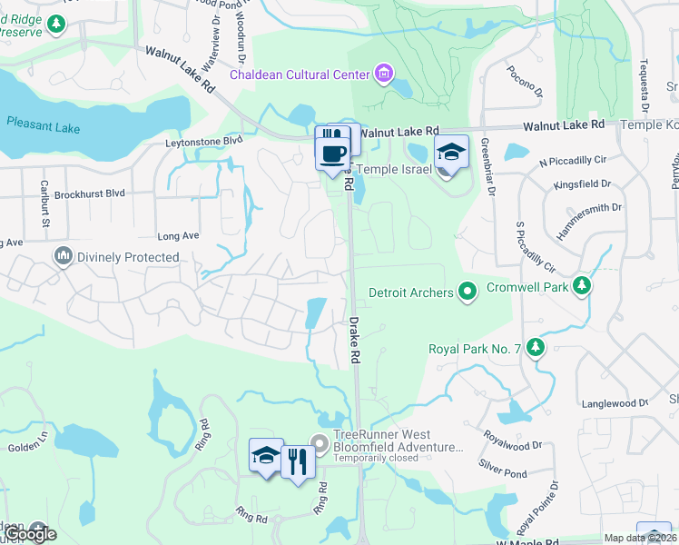 map of restaurants, bars, coffee shops, grocery stores, and more near 5700 Drake Road in West Bloomfield Township