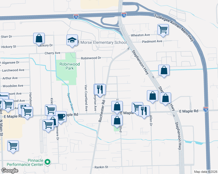 map of restaurants, bars, coffee shops, grocery stores, and more near 1907 Rochester Road in Troy