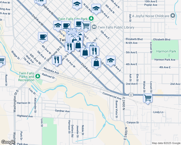 map of restaurants, bars, coffee shops, grocery stores, and more near 2nd Avenue South in Twin Falls