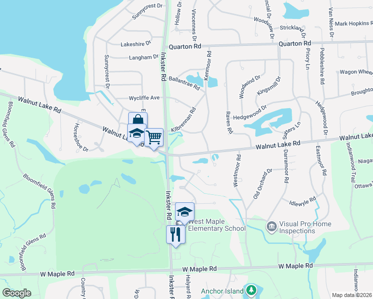 map of restaurants, bars, coffee shops, grocery stores, and more near 4855 Inveray Road in Bloomfield Hills