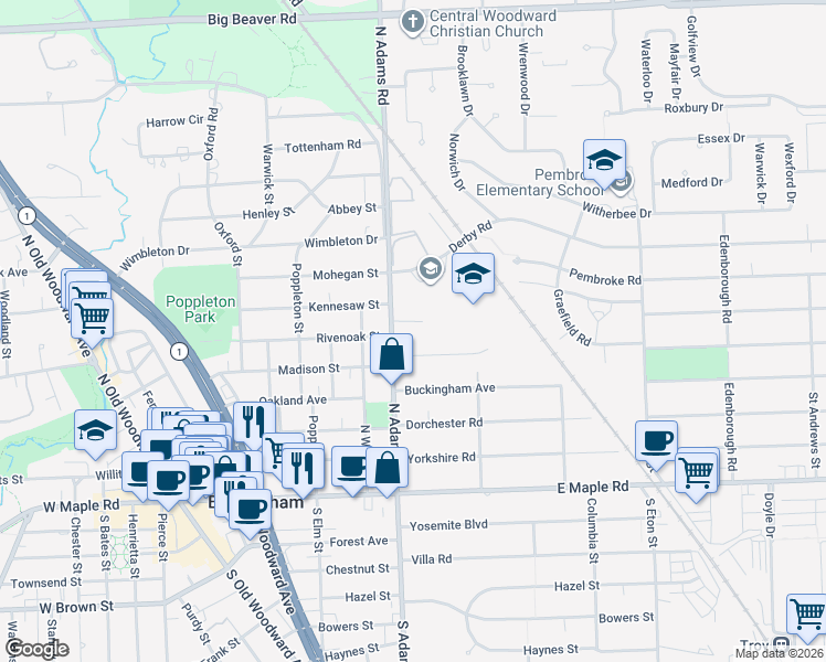 map of restaurants, bars, coffee shops, grocery stores, and more near 1215 Manchester Road in Birmingham