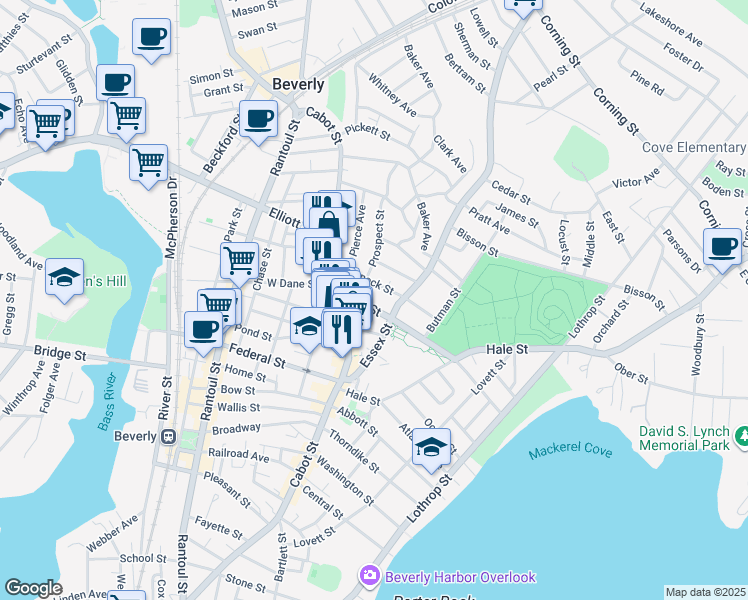 map of restaurants, bars, coffee shops, grocery stores, and more near 23 Charnock Street in Beverly