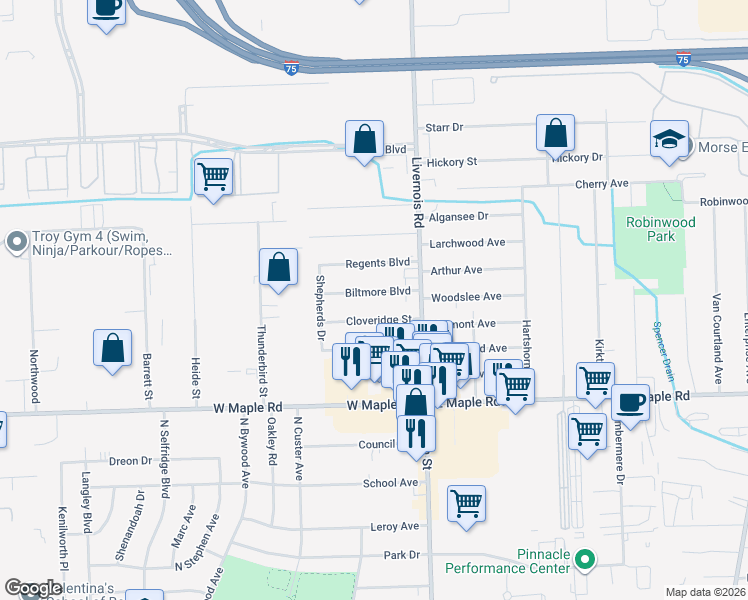 map of restaurants, bars, coffee shops, grocery stores, and more near 128 Biltmore Drive in Troy