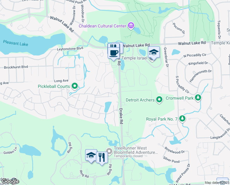 map of restaurants, bars, coffee shops, grocery stores, and more near 5700 Drake Road in West Bloomfield Township