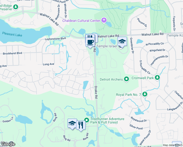 map of restaurants, bars, coffee shops, grocery stores, and more near 5700 Drake Road in West Bloomfield Township