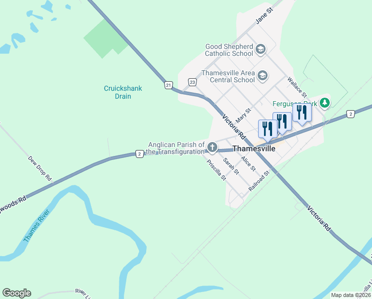 map of restaurants, bars, coffee shops, grocery stores, and more near 42 Priscilla Street in Thamesville