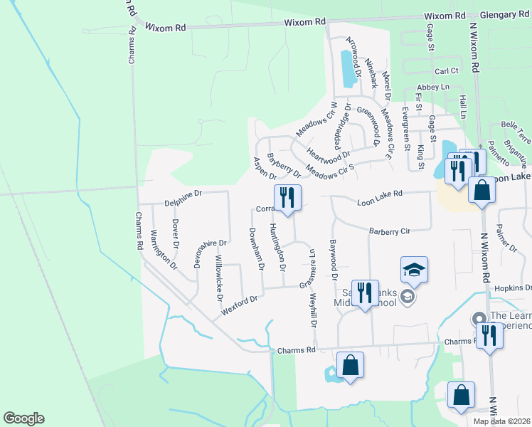 map of restaurants, bars, coffee shops, grocery stores, and more near 2083 Huntingdon Drive in Wixom