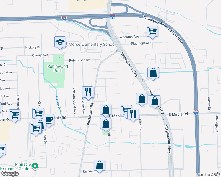 map of restaurants, bars, coffee shops, grocery stores, and more near 1110 Woodslee Drive in Troy