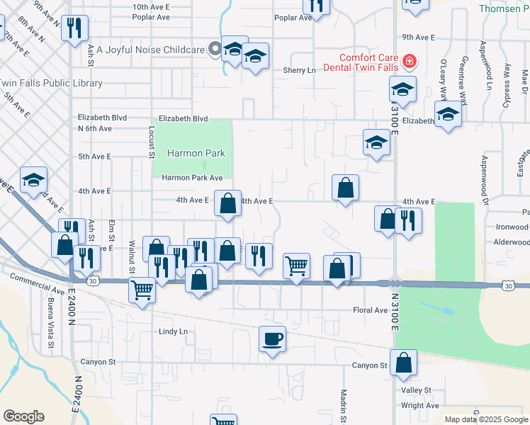 map of restaurants, bars, coffee shops, grocery stores, and more near 378 Lenore Street in Twin Falls