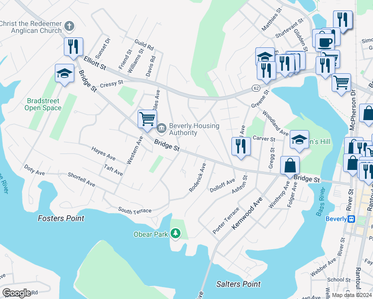 map of restaurants, bars, coffee shops, grocery stores, and more near in Beverly