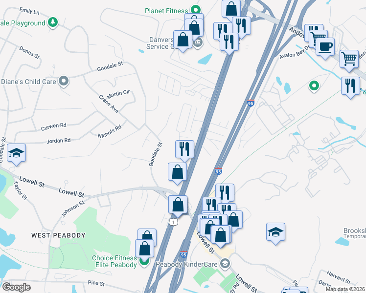 map of restaurants, bars, coffee shops, grocery stores, and more near 258 Newbury Street in Peabody