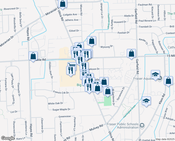 map of restaurants, bars, coffee shops, grocery stores, and more near 16149 Clarkson Drive West in Fraser