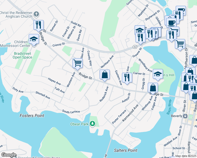 map of restaurants, bars, coffee shops, grocery stores, and more near 123 1/2 Bridge Street in Beverly
